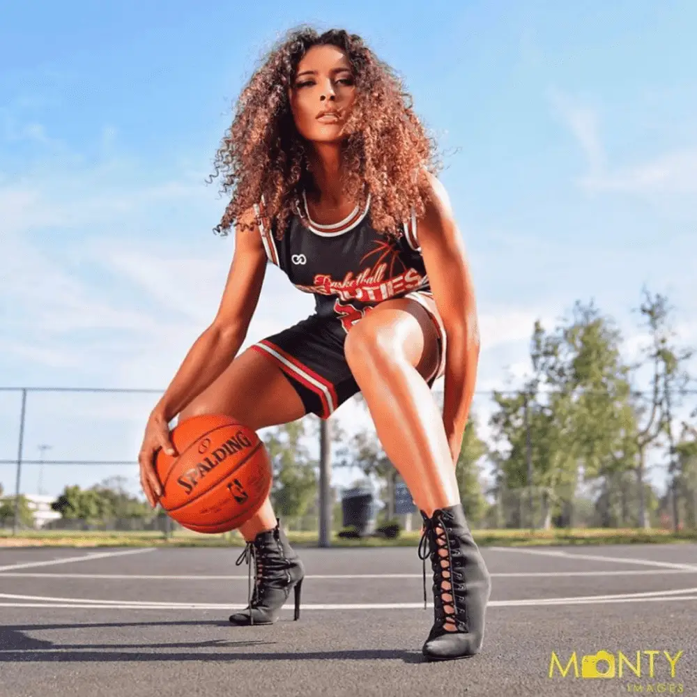 Basketball Beauties | Black Red and White Basketball Uniform | Girl Dribbling Basketball | Wooter Apparel