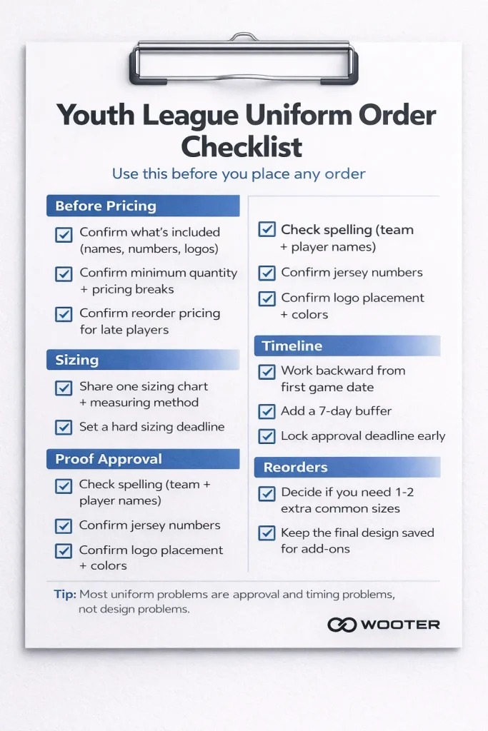 youth league uniform order checklist