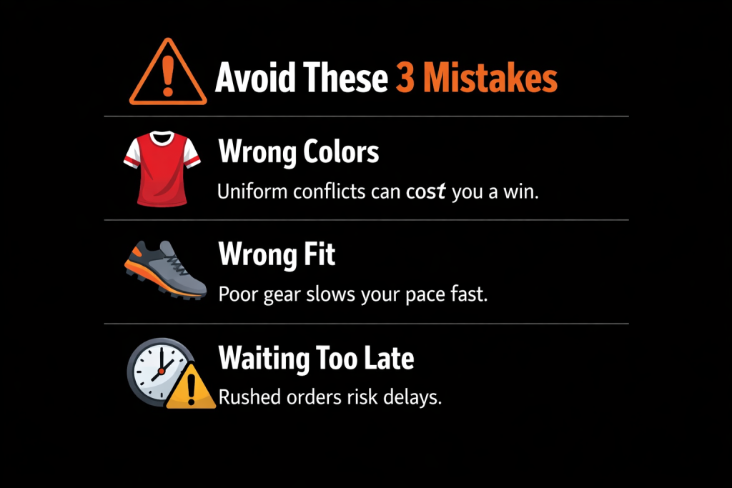 Avoid these three 7v7 tournament mistakes: wrong colors, wrong fit, and waiting too late.