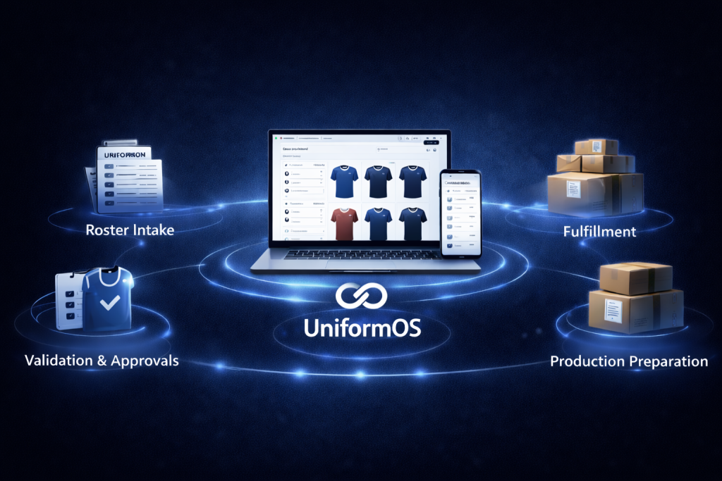 UniformOS workflow showing roster intake, validation, approvals, production files, and reorders
