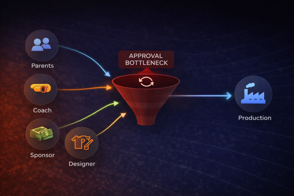 Custom uniform approval bottleneck showing parents, coaches, sponsors, and designers funneling into a single approval stage before production