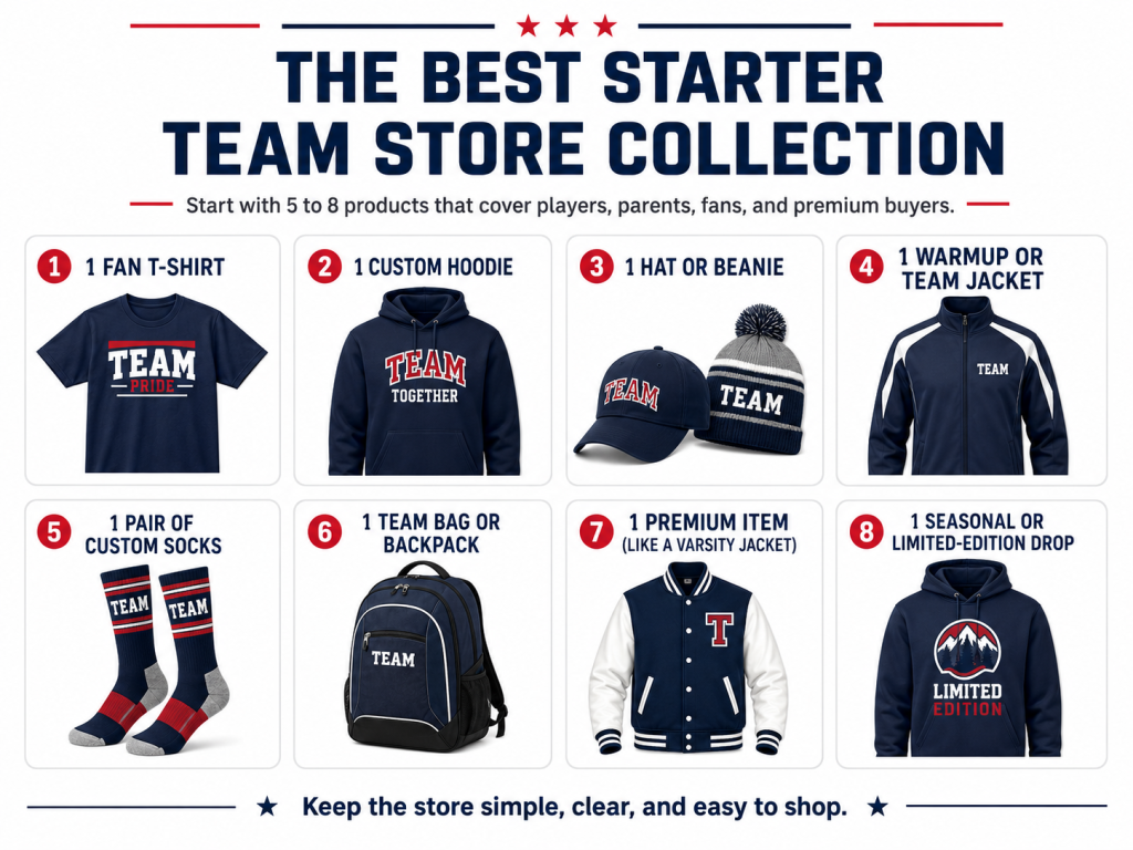 Best starter team store collection with fan T-shirt custom hoodie hat beanie warmup jacket socks bag varsity jacket and seasonal apparel