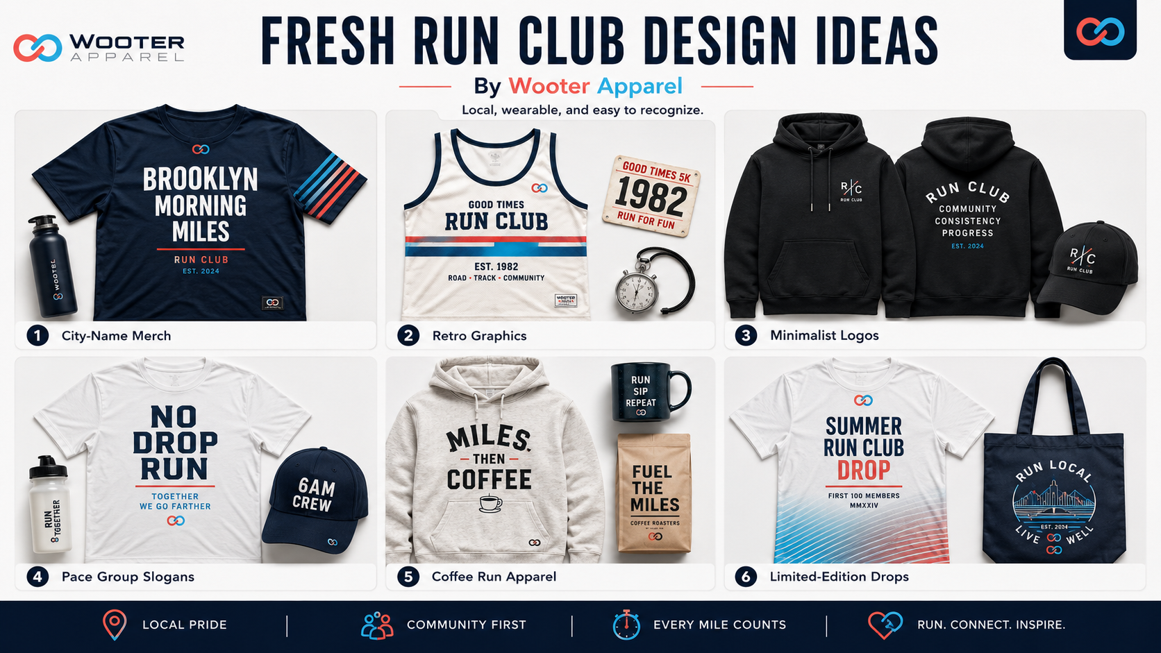 Fresh run club design ideas showing city-name merch, retro graphics, minimalist logos, pace slogans, coffee run apparel, and limited-edition drops.
