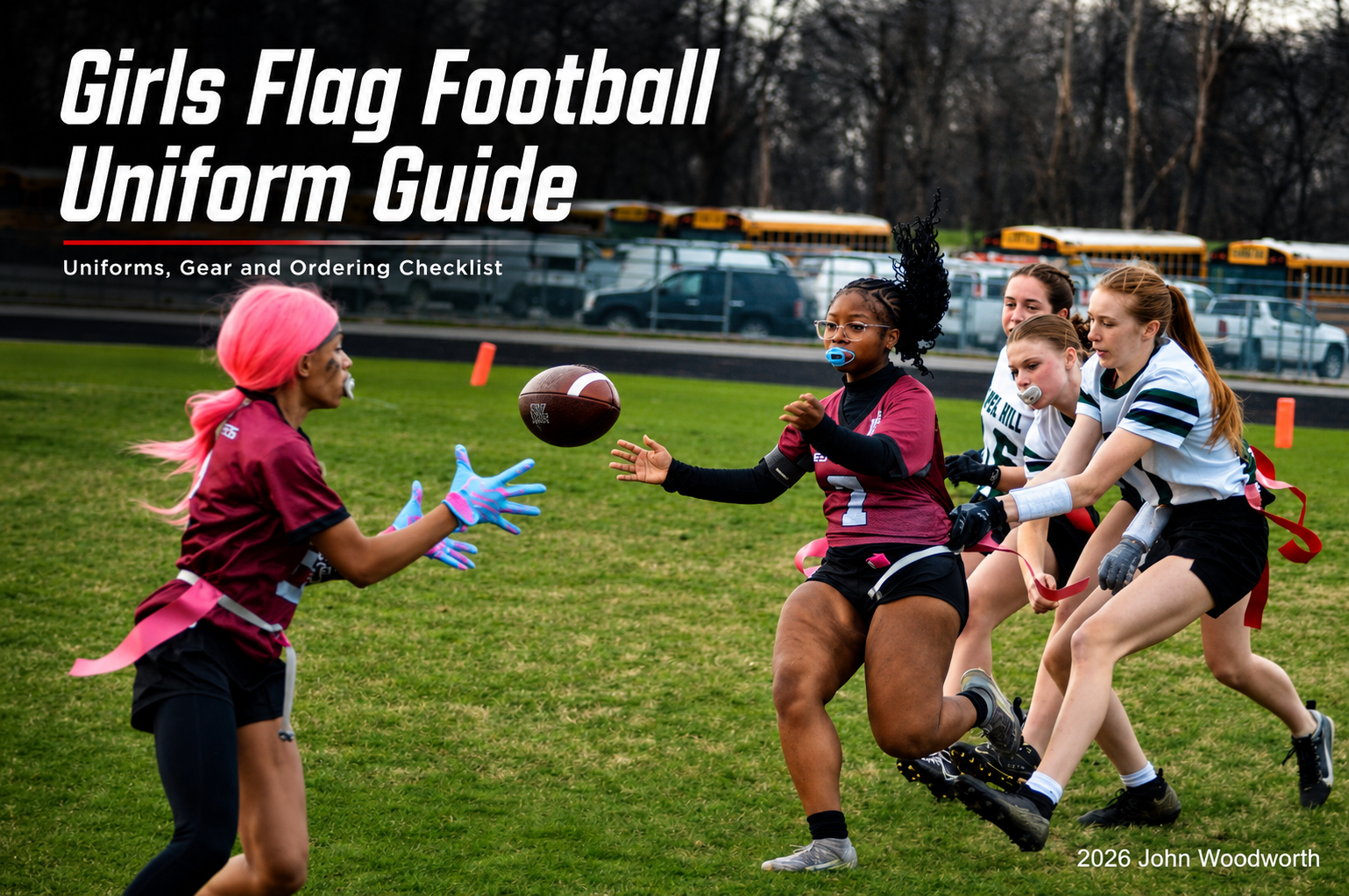 Girls flag football uniform guide with players in custom uniforms during a game