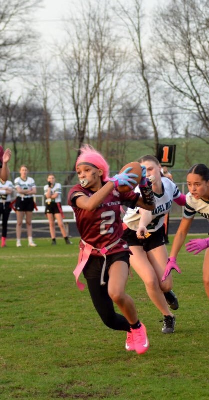 Girls flag football uniforms in action during a game