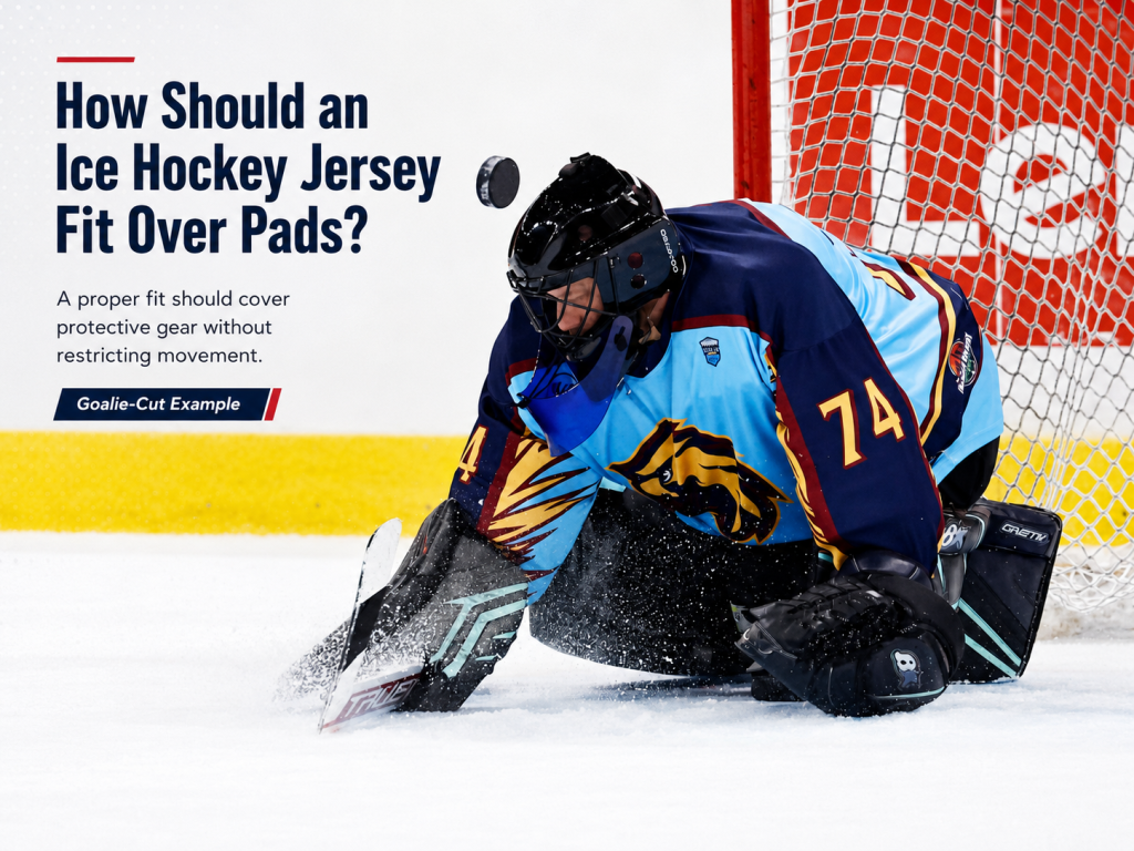 Goalie-cut ice hockey jersey fitting over full protective equipment
