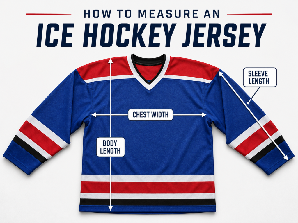 How to measure an ice hockey jersey chest width, body length, and sleeve length