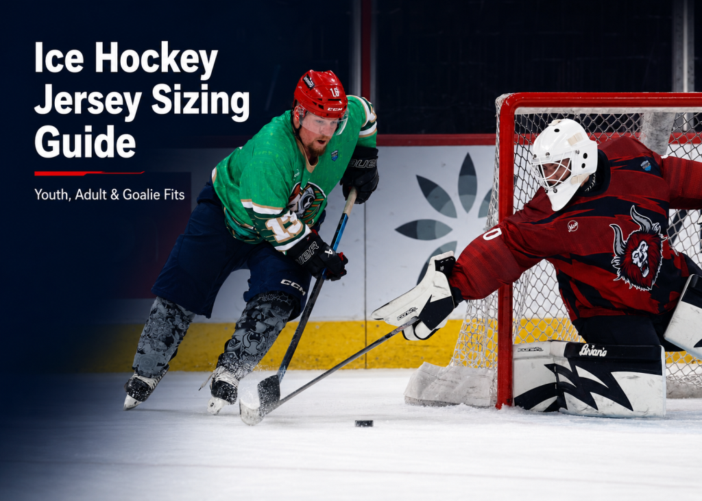Ice hockey jersey sizing guide showing a skater and goalie wearing full protective equipment