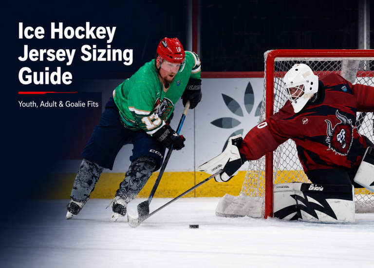 Ice hockey jersey sizing guide showing a skater and goalie wearing full protective equipment