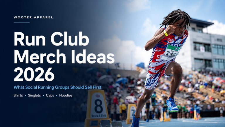 Run club merch ideas for 2026 featuring custom shirts, singlets, caps, and hoodies for social running groups.