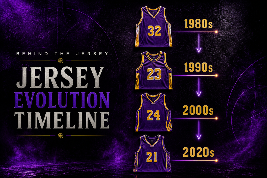 Graphic showing a timeline of Lakers purple jersey designs from the 1980s through the 2020s.