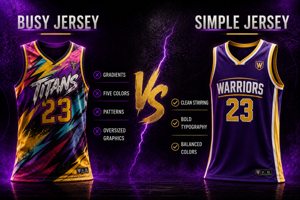 Comparison graphic highlighting the design differences between a cluttered, complex basketball jersey and a clean, simple purple basketball jersey.