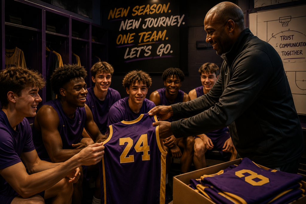 Basketball team in a locker room receiving new purple custom jerseys from their coach.