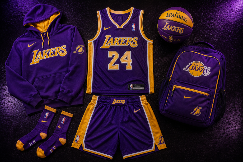Collection of purple and gold Lakers basketball merchandise and apparel laid out flat against a dark background.