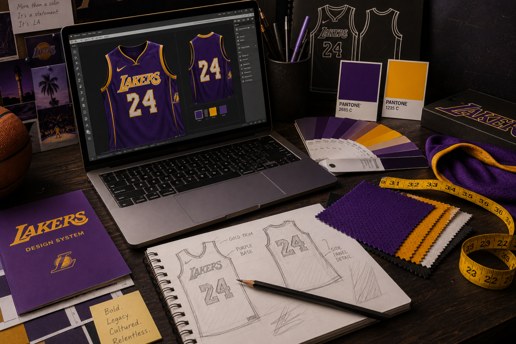 Creative workspace flat lay showing basketball jersey design sketches, digital Lakers graphics, Pantone color swatches, and uniform fabric samples.