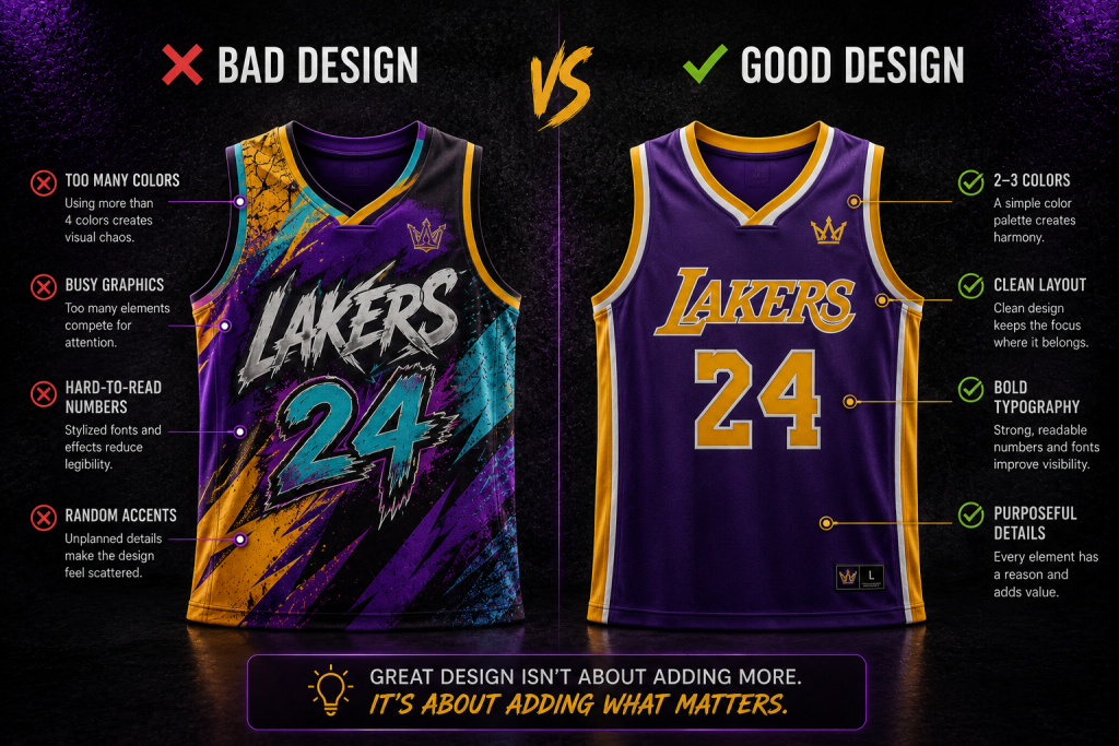 Design comparison diagram illustrating "Bad Design" with cluttered jersey graphics versus "Good Design" with a clean, readable purple Lakers jersey identity.