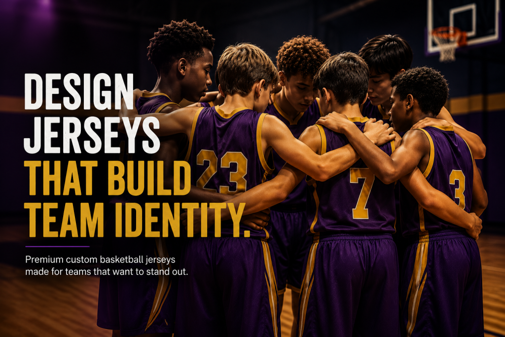 Team huddle featuring custom purple basketball jerseys and team identity branding text.
