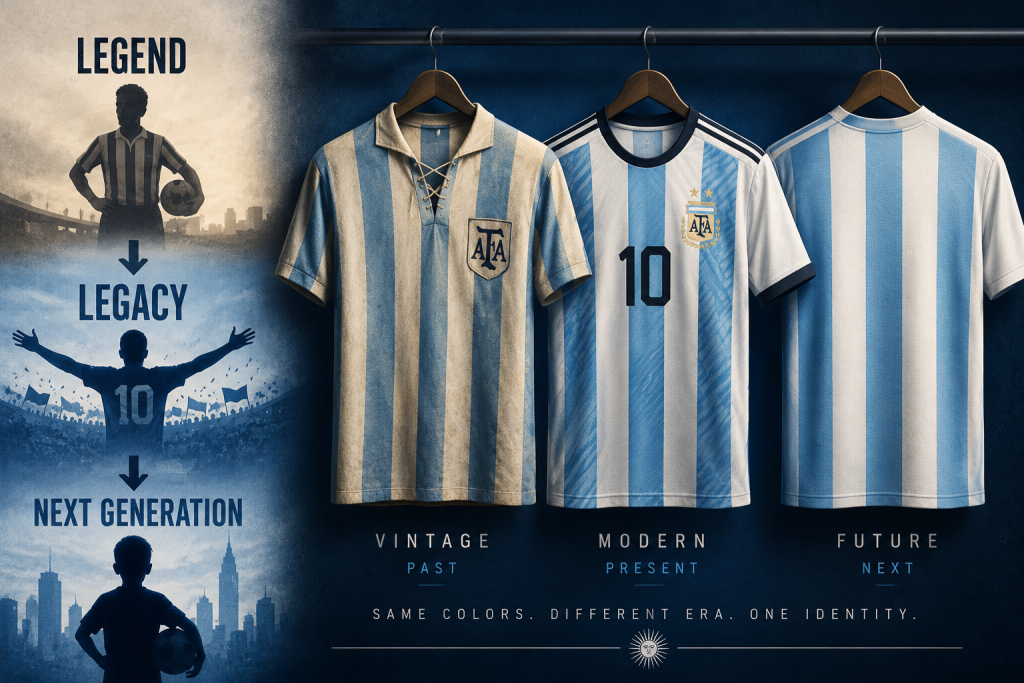 Three Argentina-inspired soccer jerseys representing football's past, present, and future