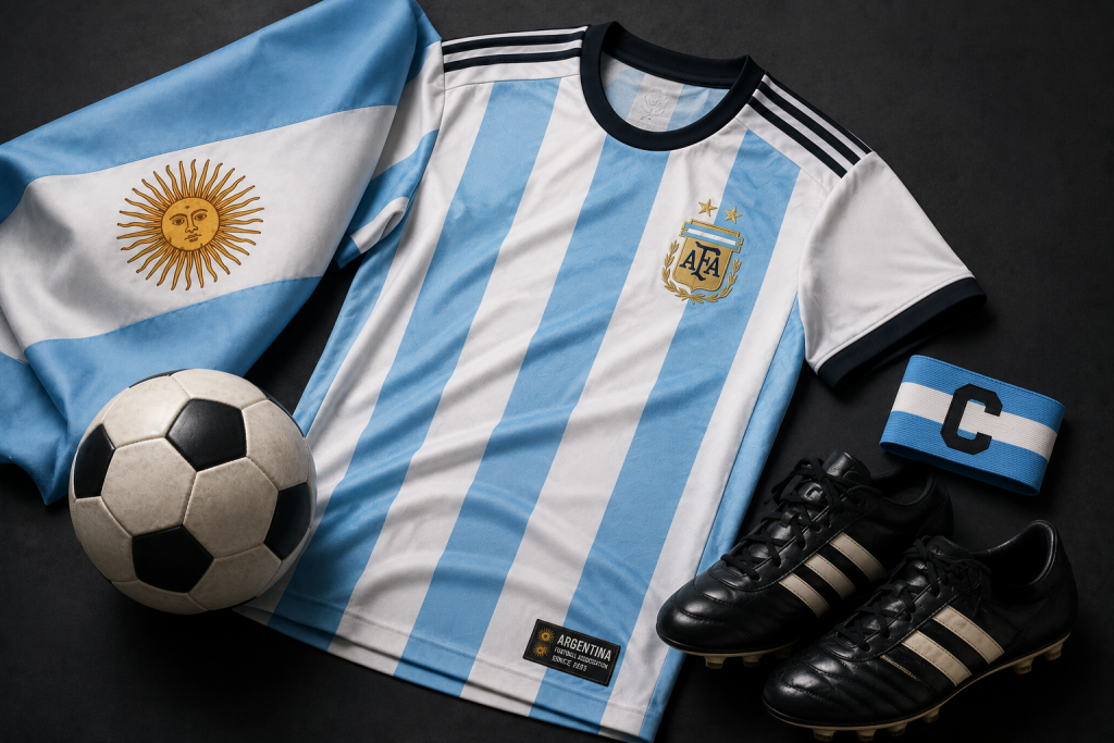 Argentina-inspired soccer jersey displayed with a national flag and vintage football accessories