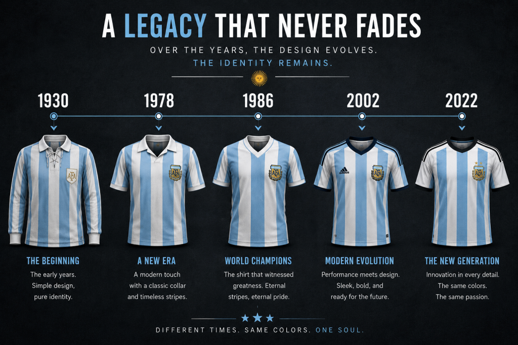 Evolution of Argentina-inspired World Cup jersey design through different decades
