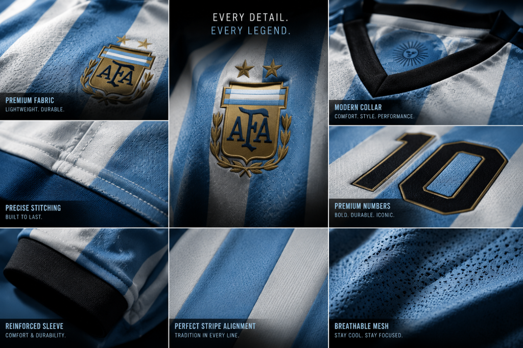 Close-up details of premium soccer jersey stitching, fabric, collar, and stripes