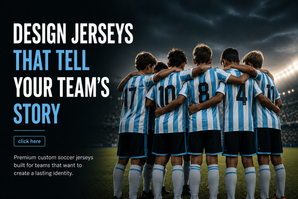 Youth soccer team wearing matching custom sky blue and white jerseys before kickoff
