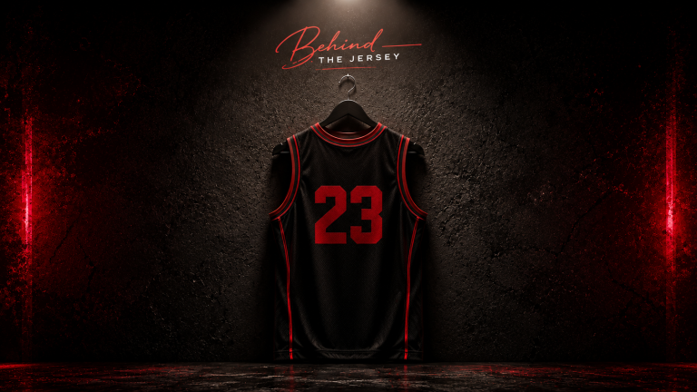 Behind the Jersey series cover featuring a classic red and black basketball jersey inspired by the Chicago Bulls