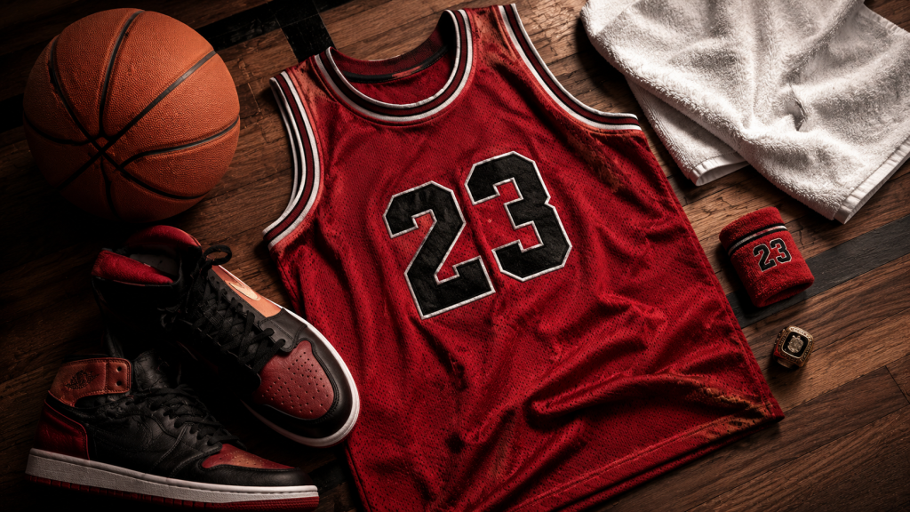 Classic red basketball jersey displayed with basketball gear on a hardwood court