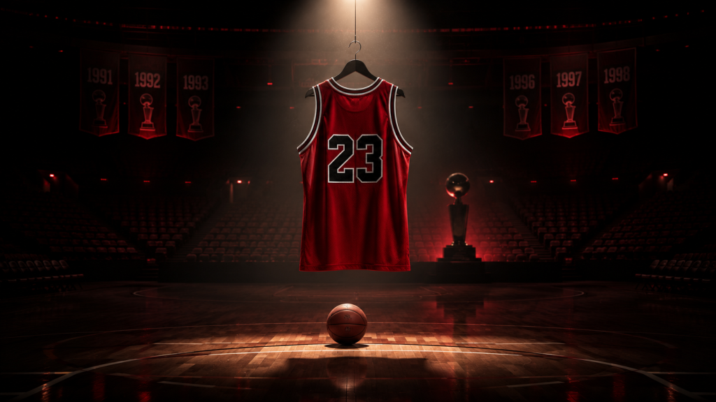 Classic red basketball jersey representing championship basketball history