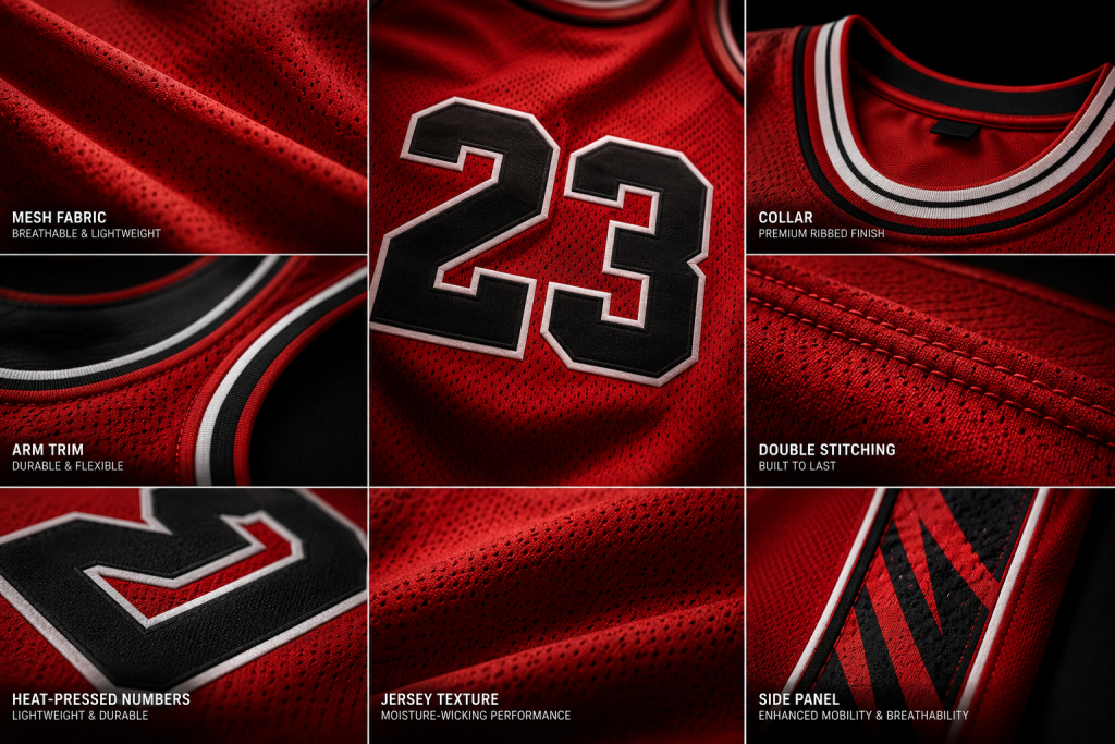 Close-up details of premium basketball jersey stitching, fabric, collar, and typography