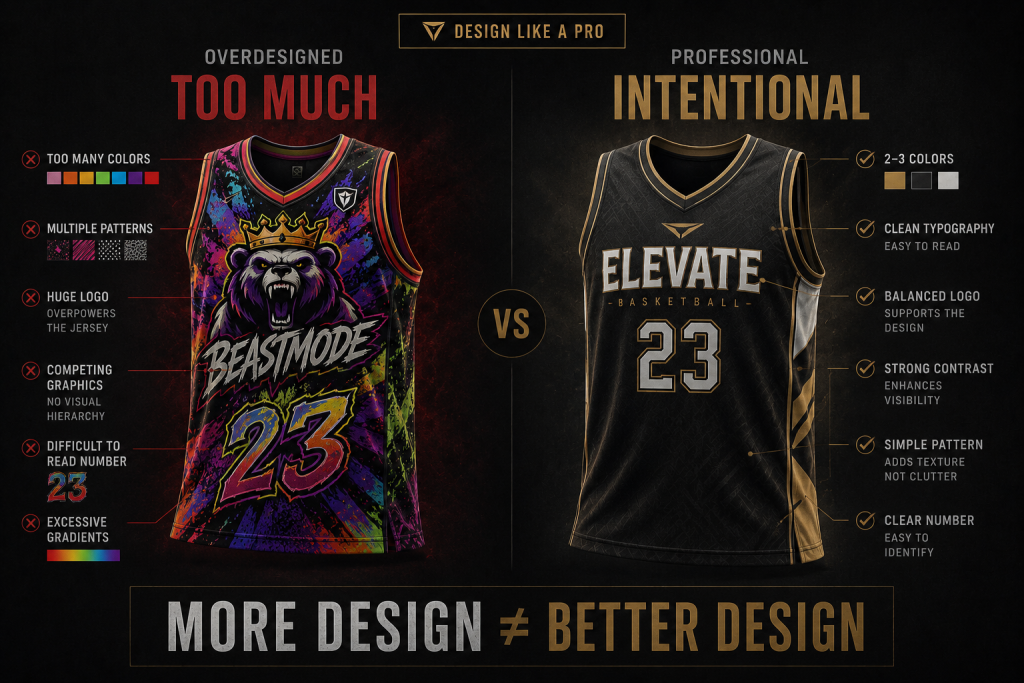 Comparison of an overdesigned basketball jersey and a clean professional jersey design