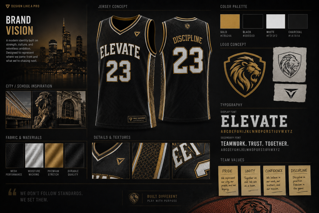 Basketball team identity mood board with jersey concepts, colors, typography, and branding elements