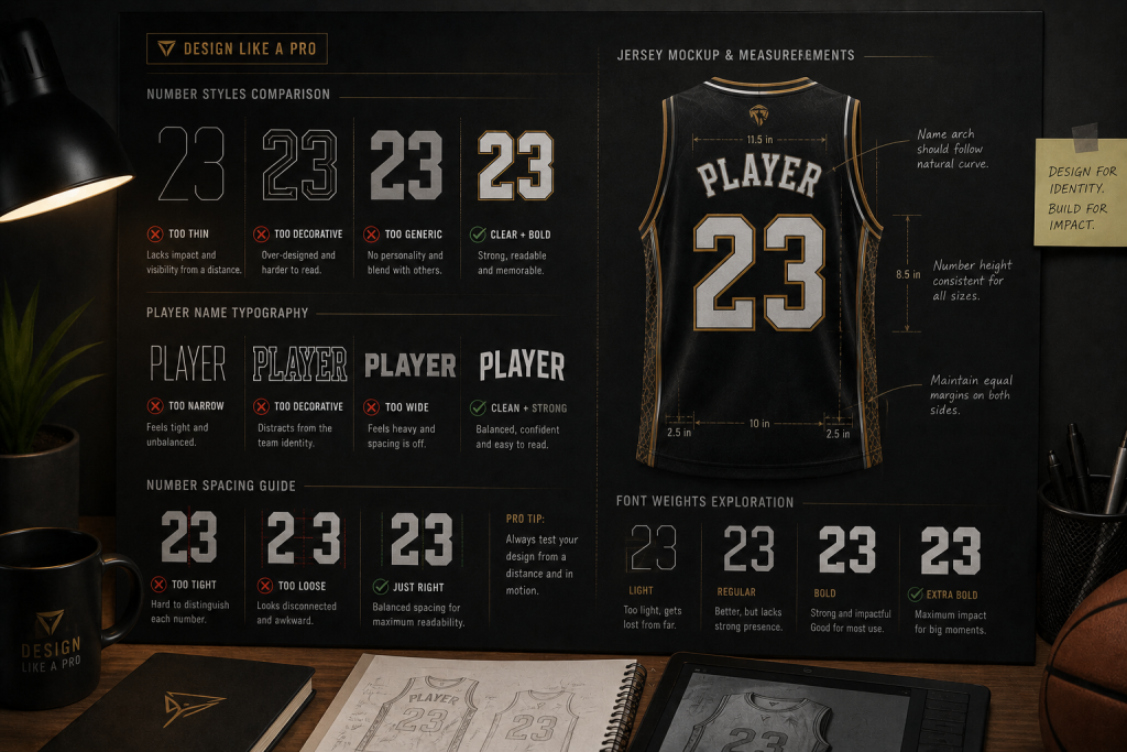 Basketball jersey typography examples showing readable player names and numbers