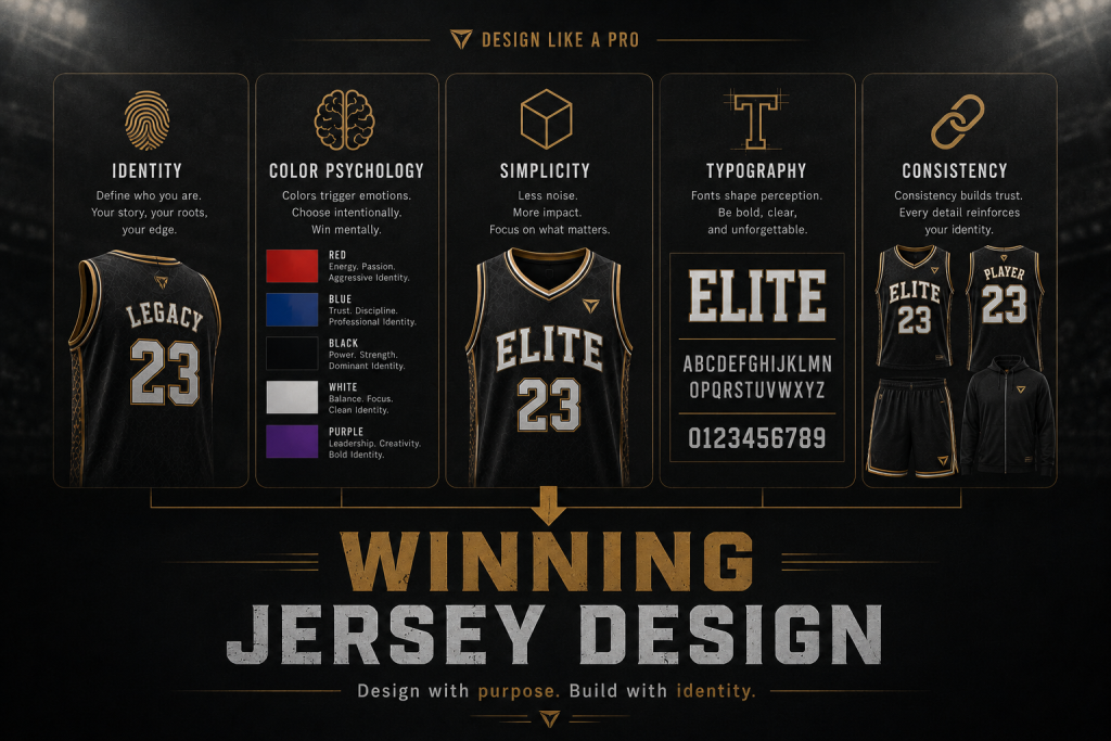 Winning basketball jersey design formula combining identity, color psychology, typography, simplicity, and consistency