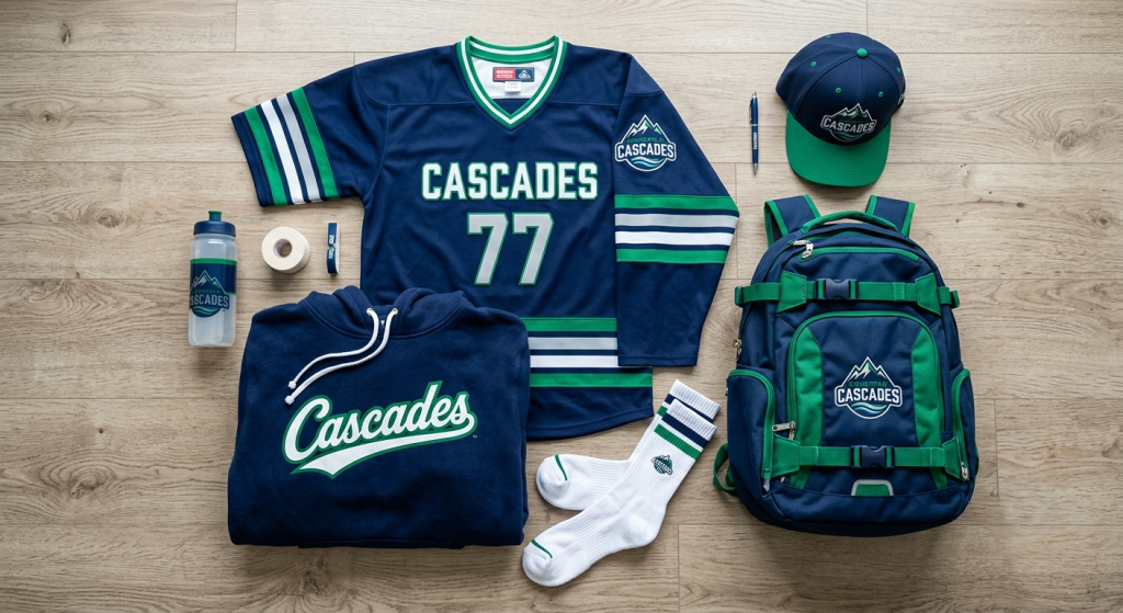 Complete set of branded Cascades team apparel and athletic merchandise.