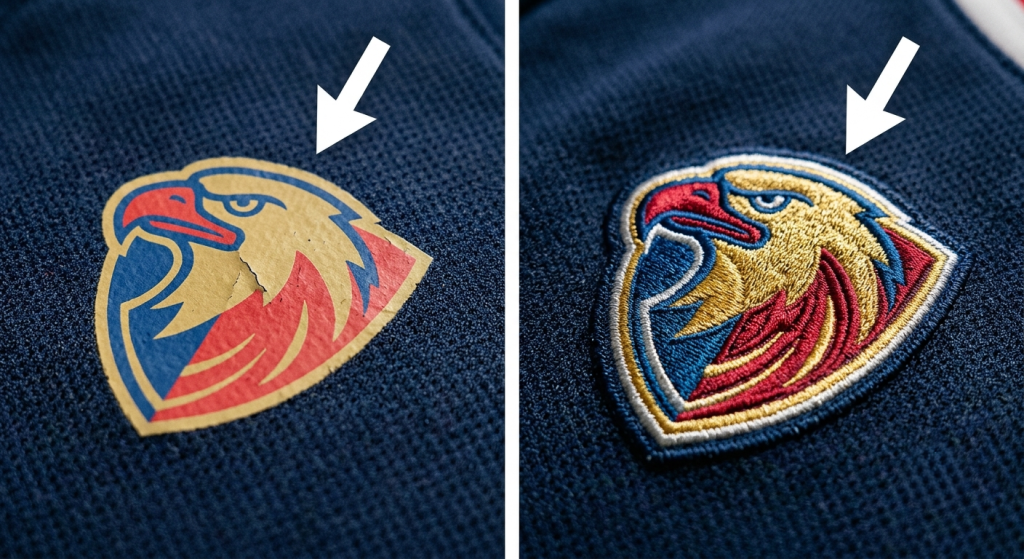 Comparison of a printed eagle logo patch versus a premium embroidered eagle crest on a navy blue hockey jersey.
