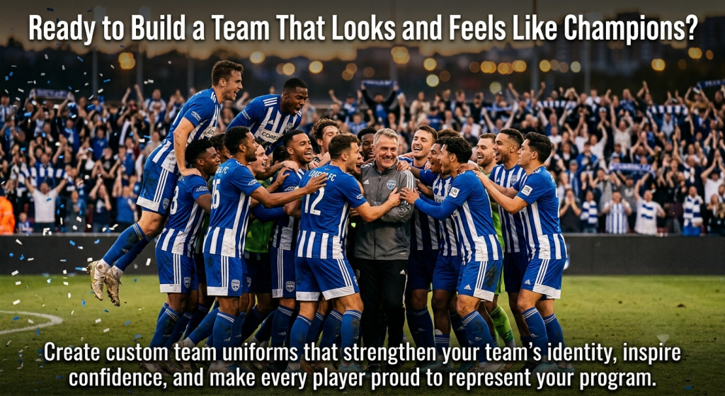 Celebrating sports team wearing matching blue and white uniforms with promotional text for custom team uniform design.