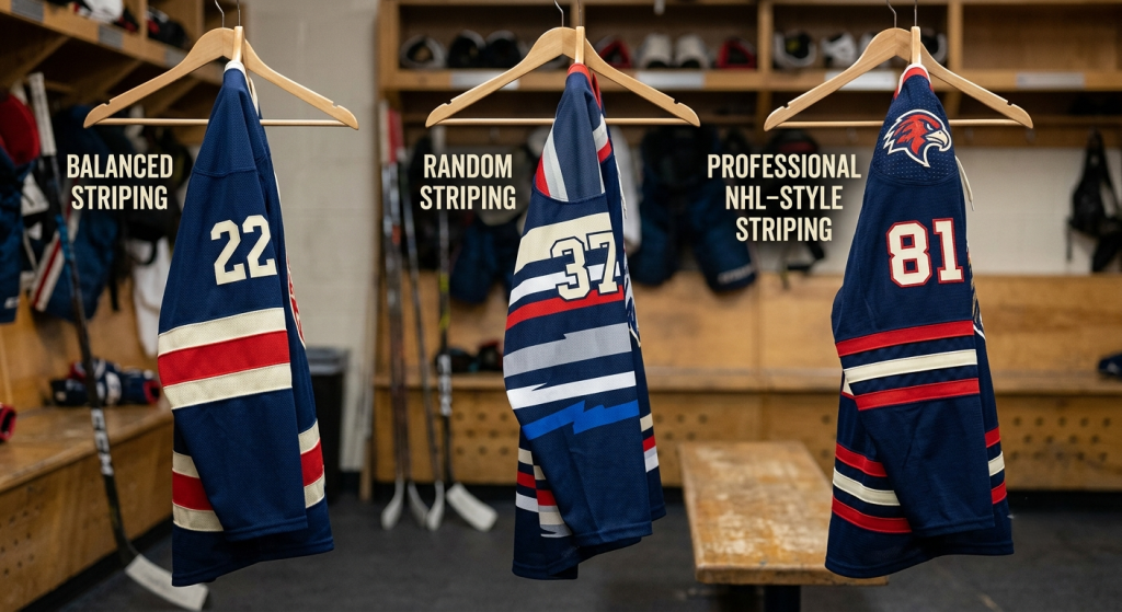 Comparison of three hockey jerseys hanging in a locker room contrasting balanced, random, and professional NHL-style sleeve striping.