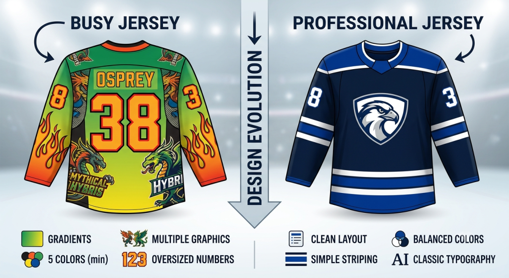 Side-by-side infographic comparing an overly complex, chaotic hockey jersey design against a clean, balanced, and professional hockey uniform.