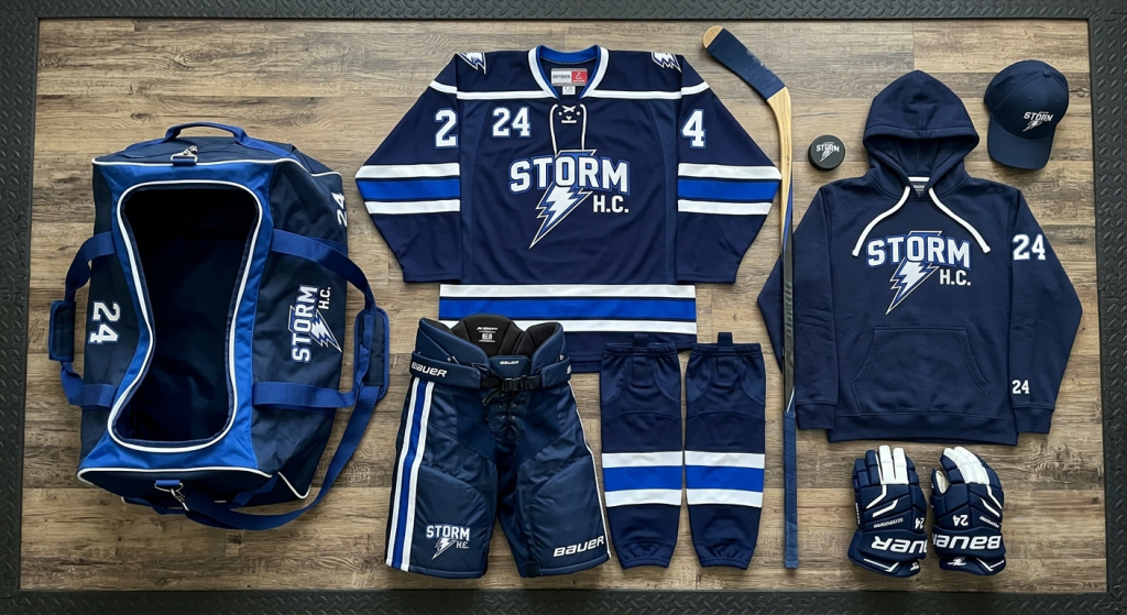 Full custom team gear set for Storm H.C. featuring matching blue and white jersey, socks, hoodies, bags, and apparel.