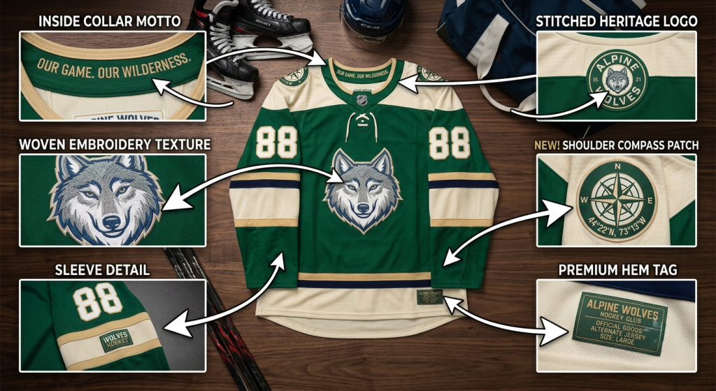 Detailed diagram highlighting hidden premium design elements on an Alpine Wolves custom hockey jersey, including collar motto, heritage logo, shoulder patch, sleeve detail, and hem tag.