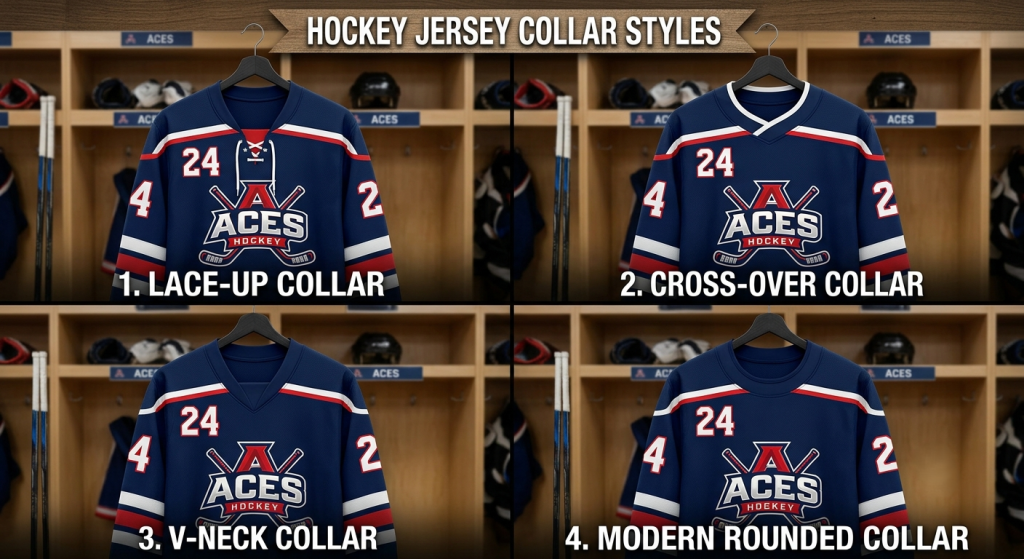 Visual guide illustrating different collar styles for custom hockey jerseys.
