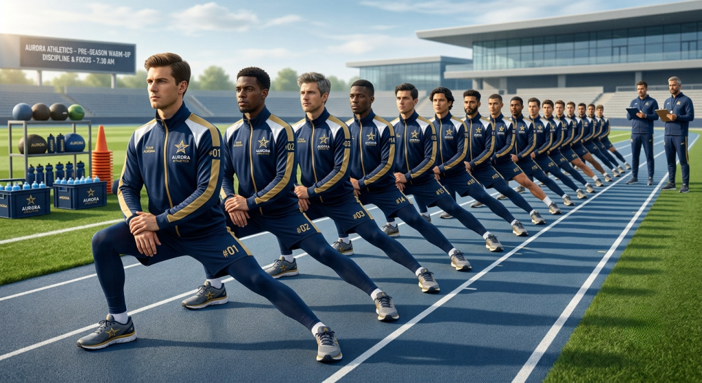 Sports team in matching custom tracksuits doing a synchronized warmup stretch together on a track field.