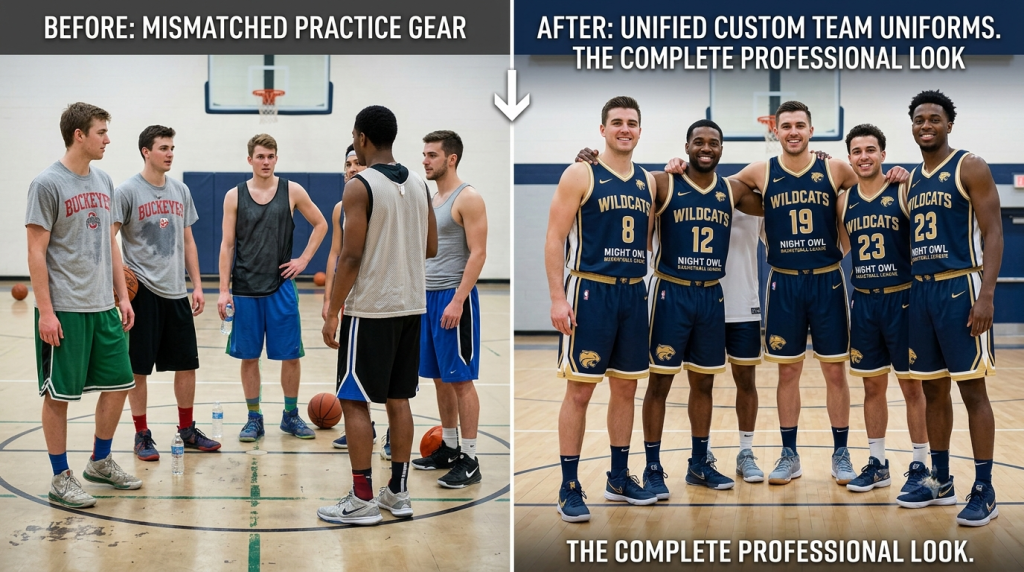 Visual transformation showing a sports team going from mismatched practice clothing to unified custom basketball uniforms.