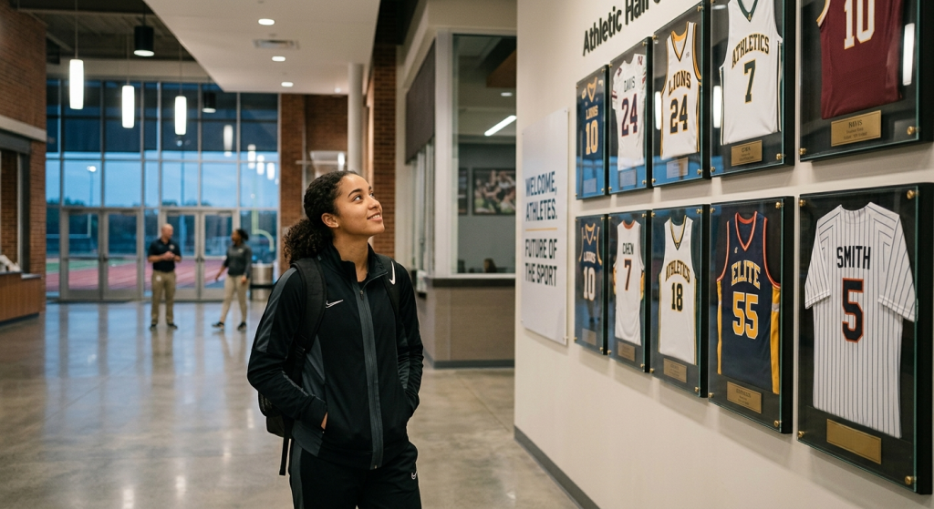 Young athlete walking through a sports facility hallway lined with framed team jerseys and athletic displays.