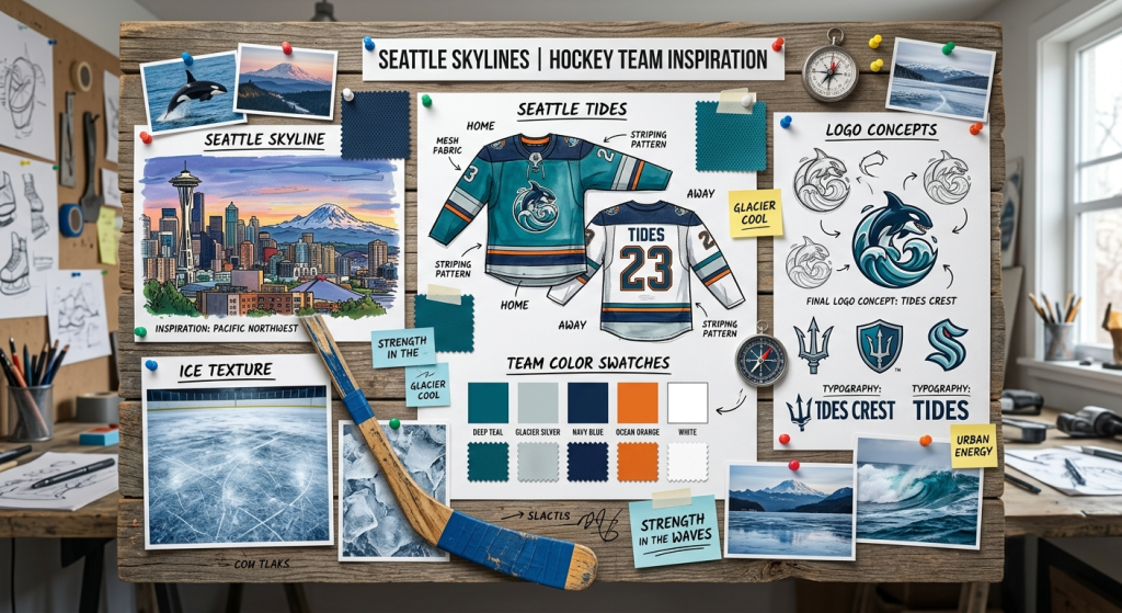 Hockey jersey design mood board with brand inspiration, logo concepts, and uniform mockups.