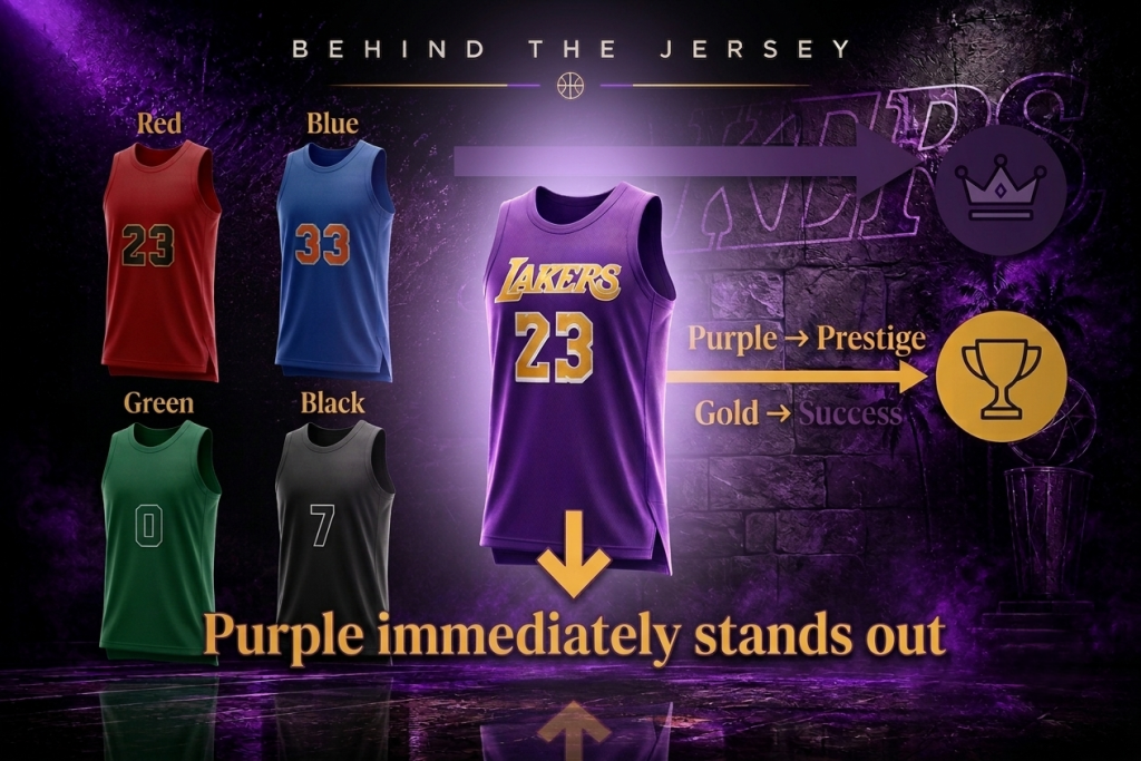 Comparison graphic contrasting common jersey colors (red, blue, green, black) with a glowing purple Lakers jersey to illustrate how purple stands out.