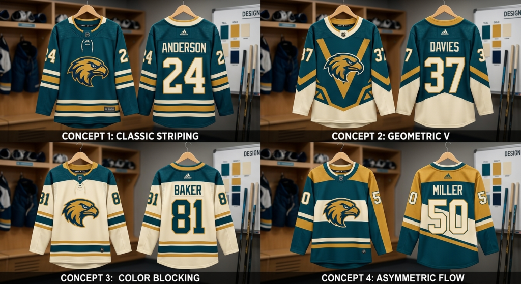 Side-by-side comparison contrasting classic horizontal striping against a geometric V-pattern design on custom hockey jerseys.