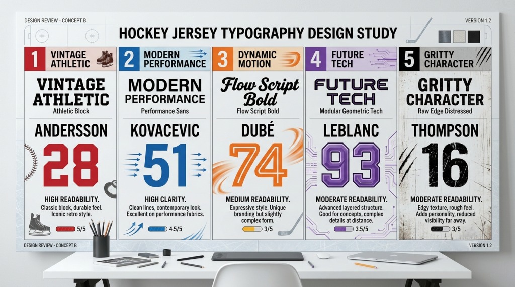 Visual guide illustrating different font and number styles for custom hockey jerseys.