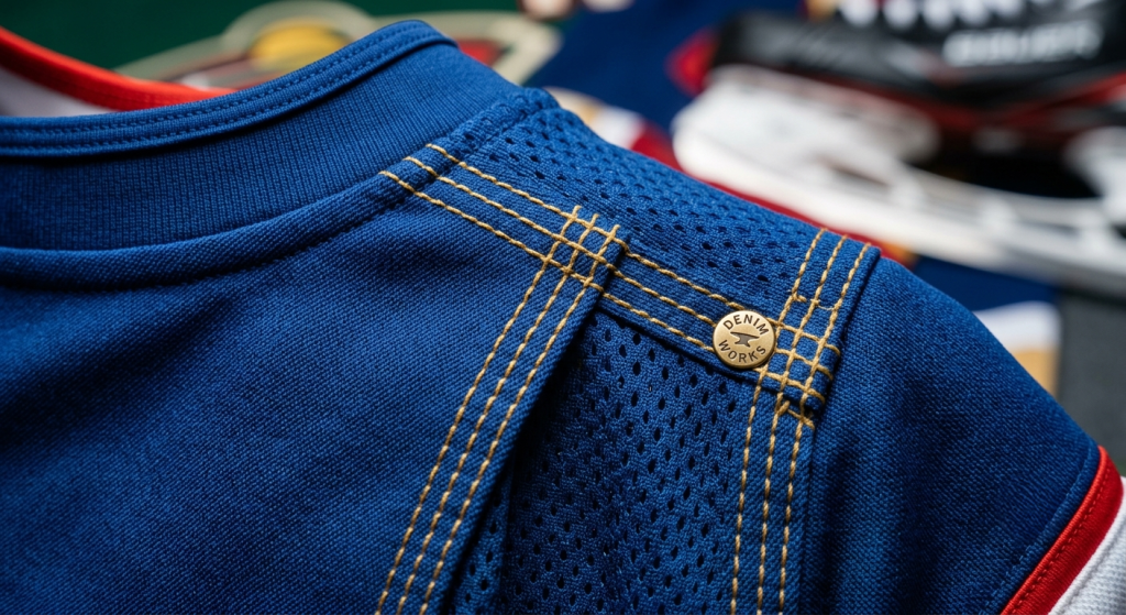 Close-up view of durable gold double stitching on the shoulder seam of a royal blue hockey jersey.